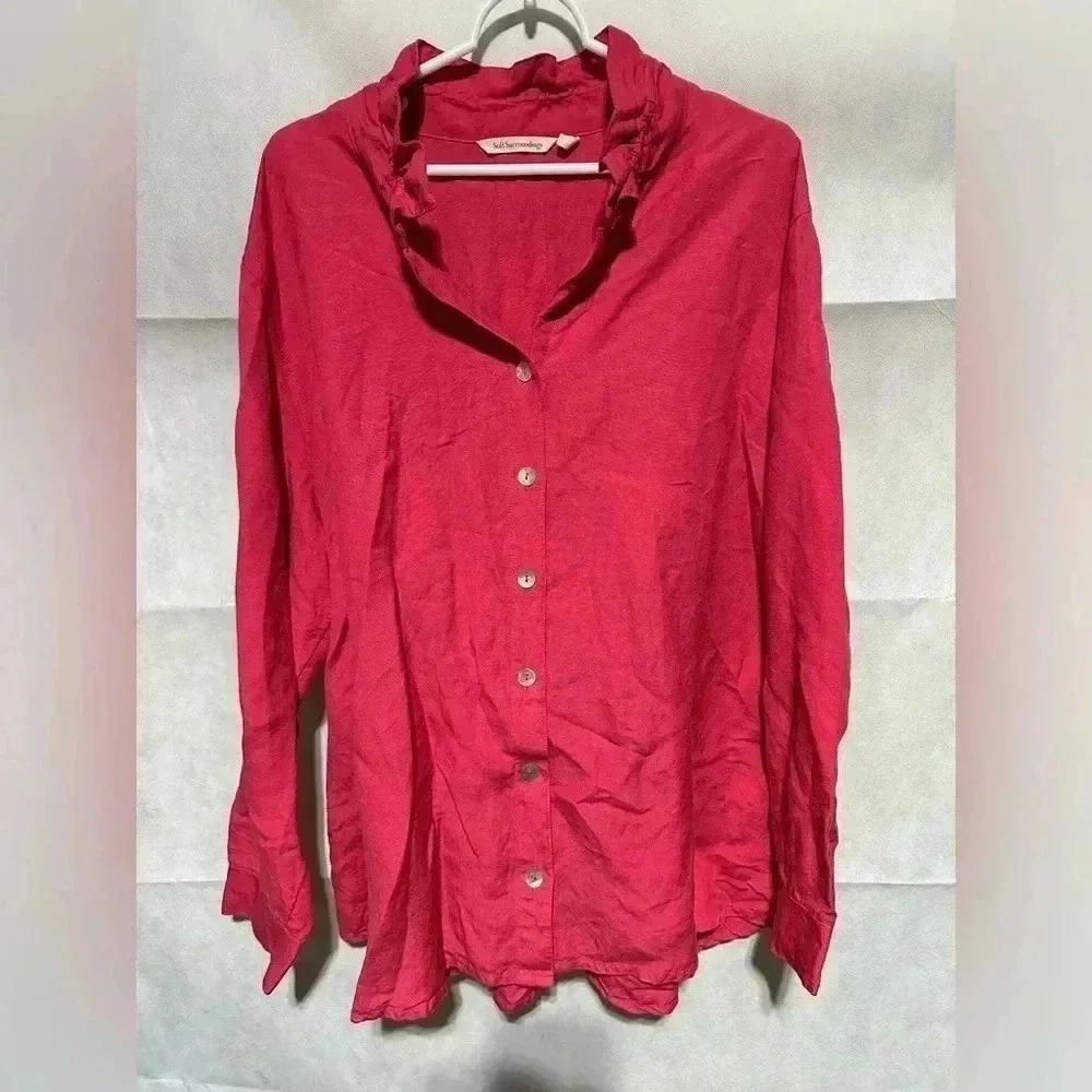 Soft Surroundings Linen Blend Tunic Plus 3X Pink Button Up Front & Back Mock Nec